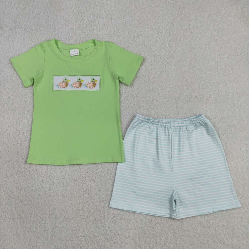 BSSO1946 RTS Green duck embroidery  short sleeve boy outfits