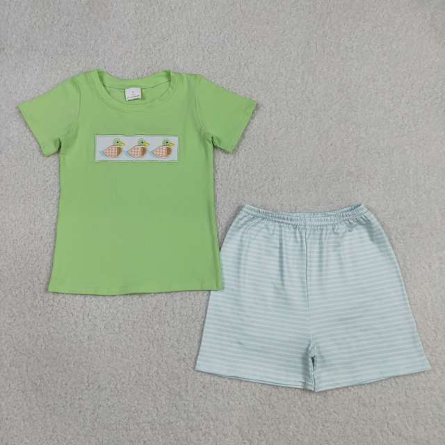 BSSO1946 RTS Green duck embroidery  short sleeve boy outfits