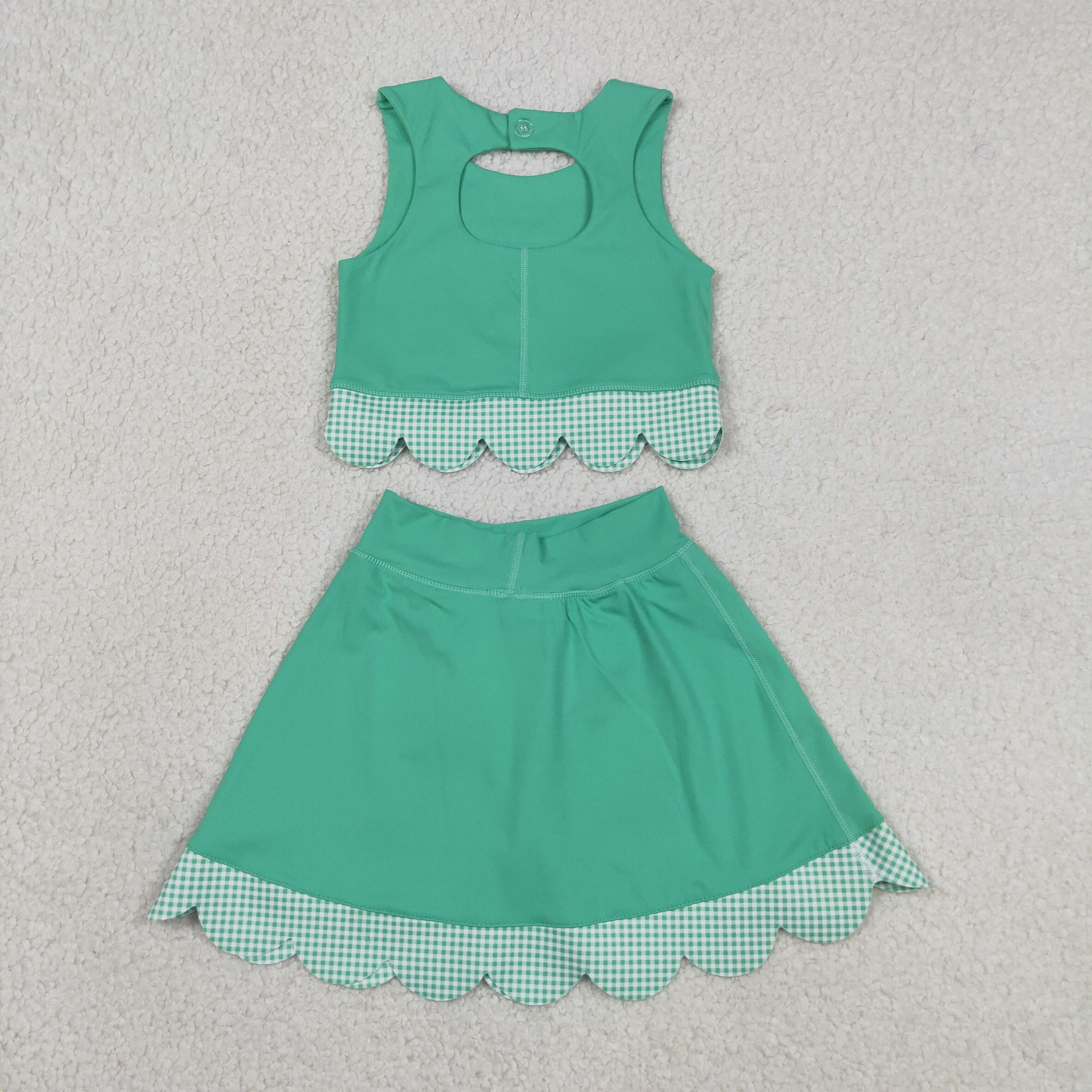 GSD3320  RTS Green plaid print active girl yoga scallop skirt dress