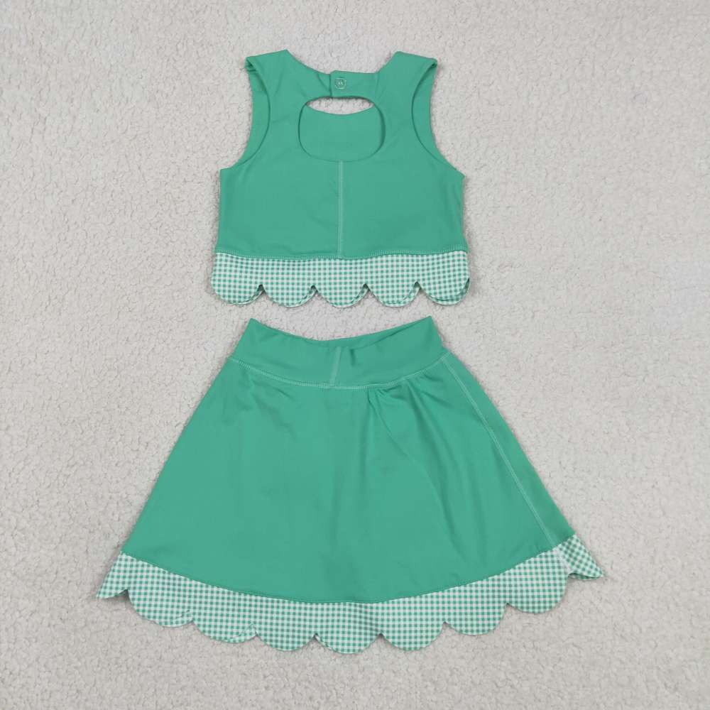 GSD3320  RTS Green plaid print active girl yoga scallop skirt dress