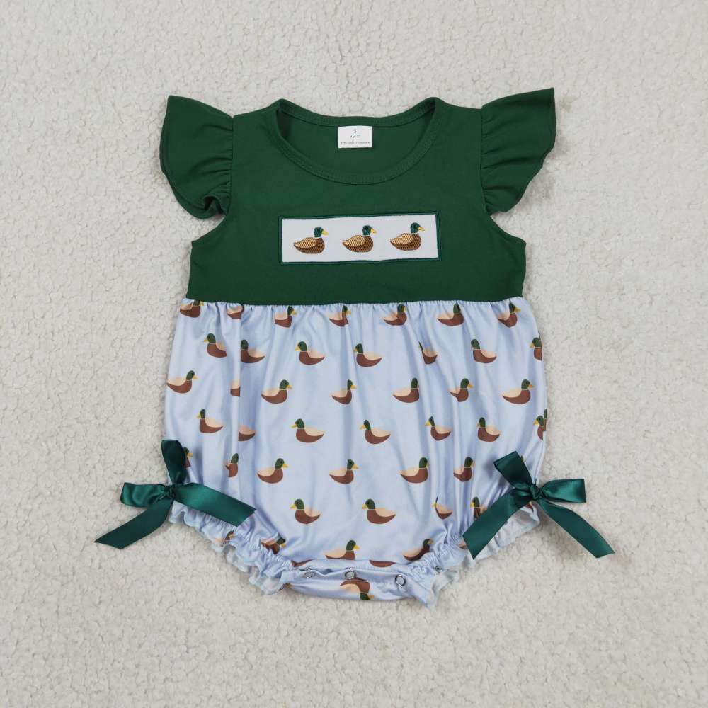 SR4091  Baby Green duck Embroidery flying sleeve Rompers