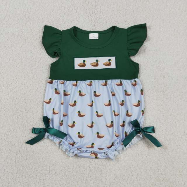 SR4091  Baby Green duck Embroidery flying sleeve Rompers
