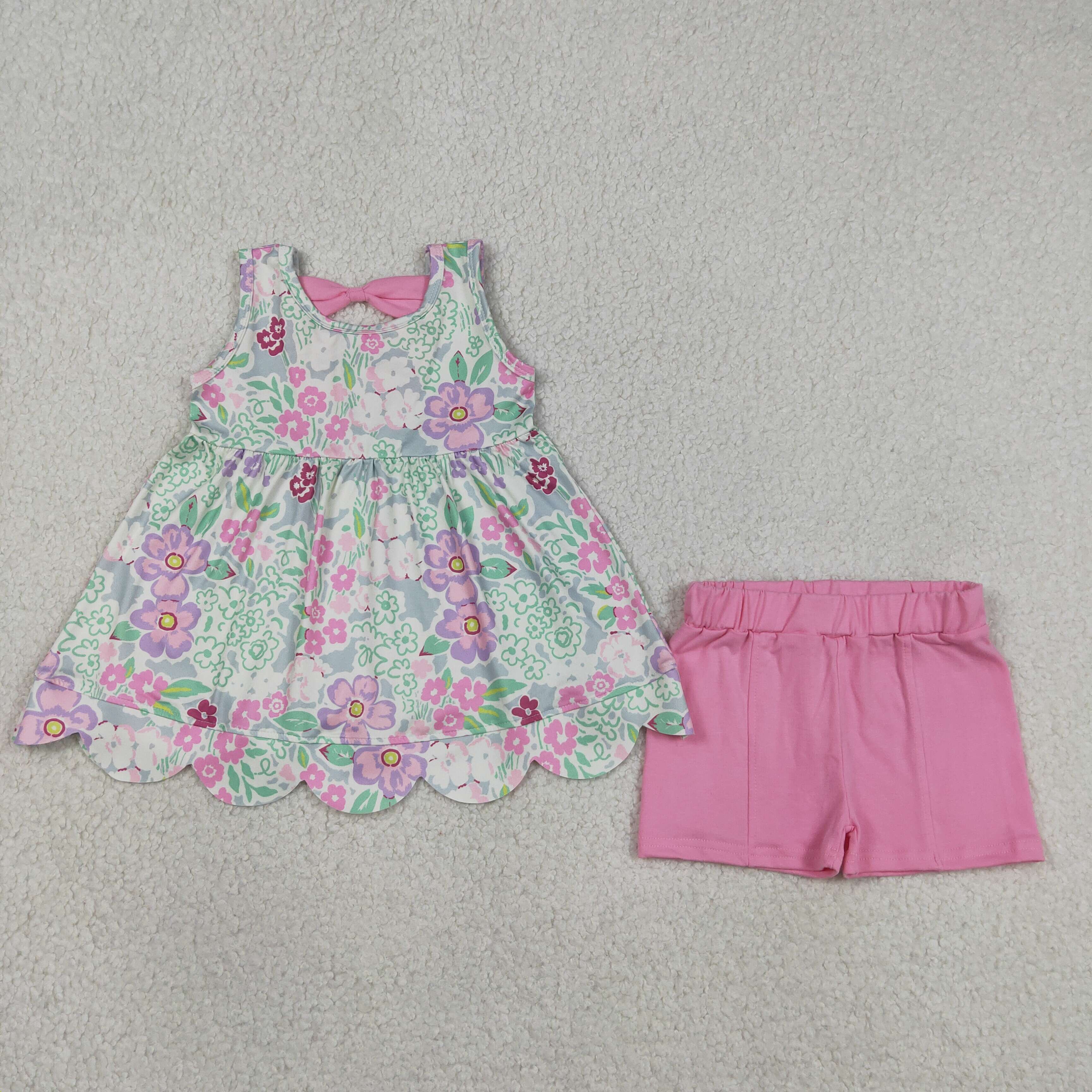 GSSO3385 Flowers pink bows  sleeveless girl outfits