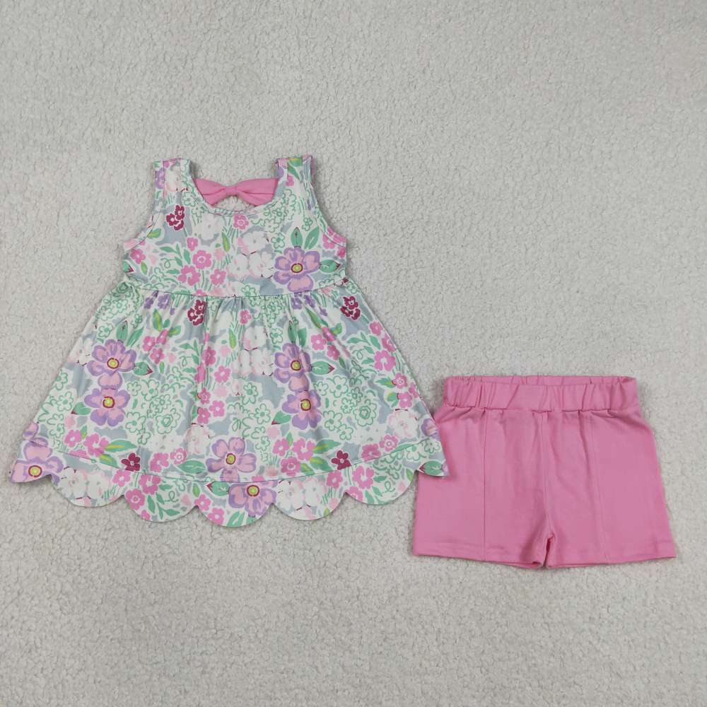 GSSO3385 Flowers pink bows  sleeveless girl outfits