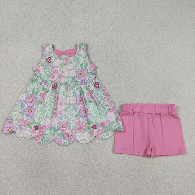 GSSO3385 Flowers pink bows  sleeveless girl outfits