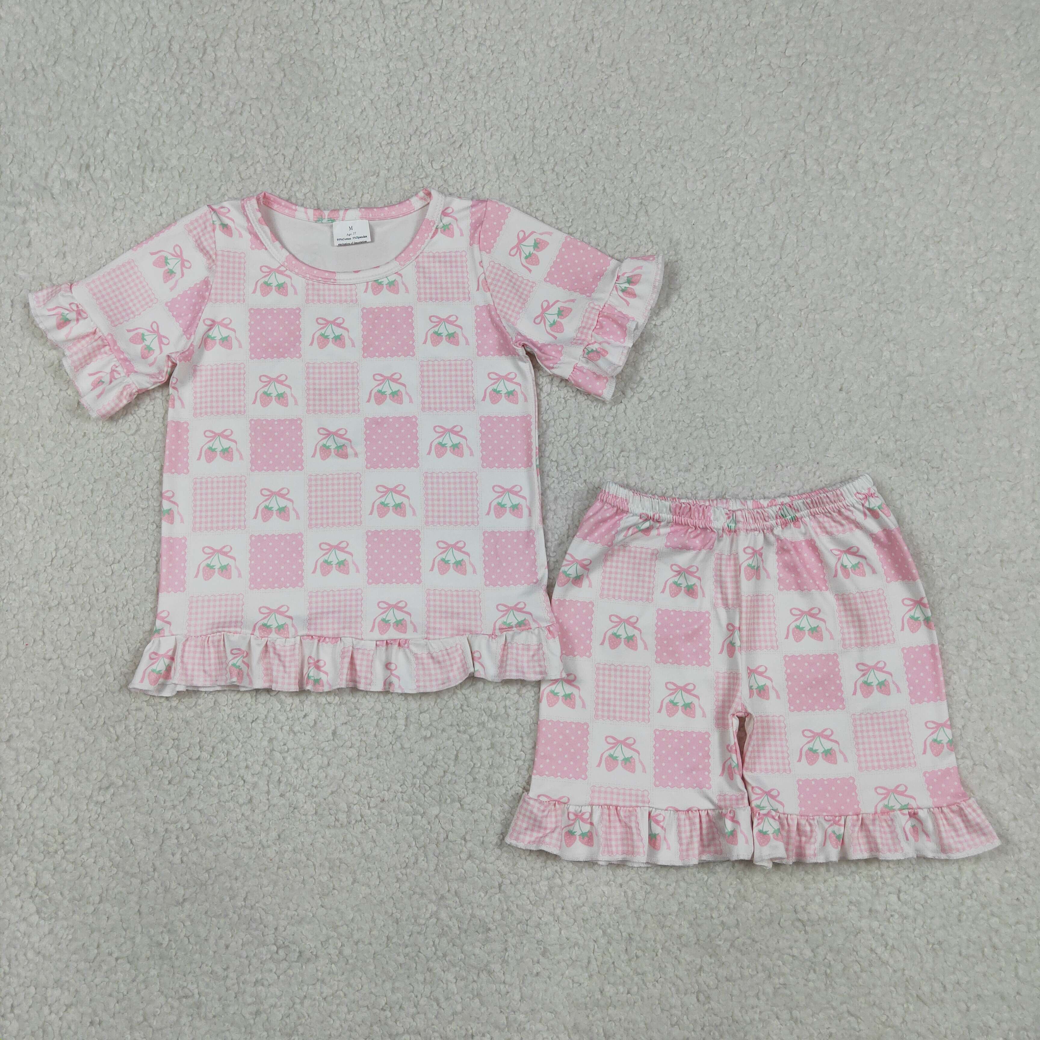 GSSO3342 Pink  plaid strawberry print short sleeve girl outfits
