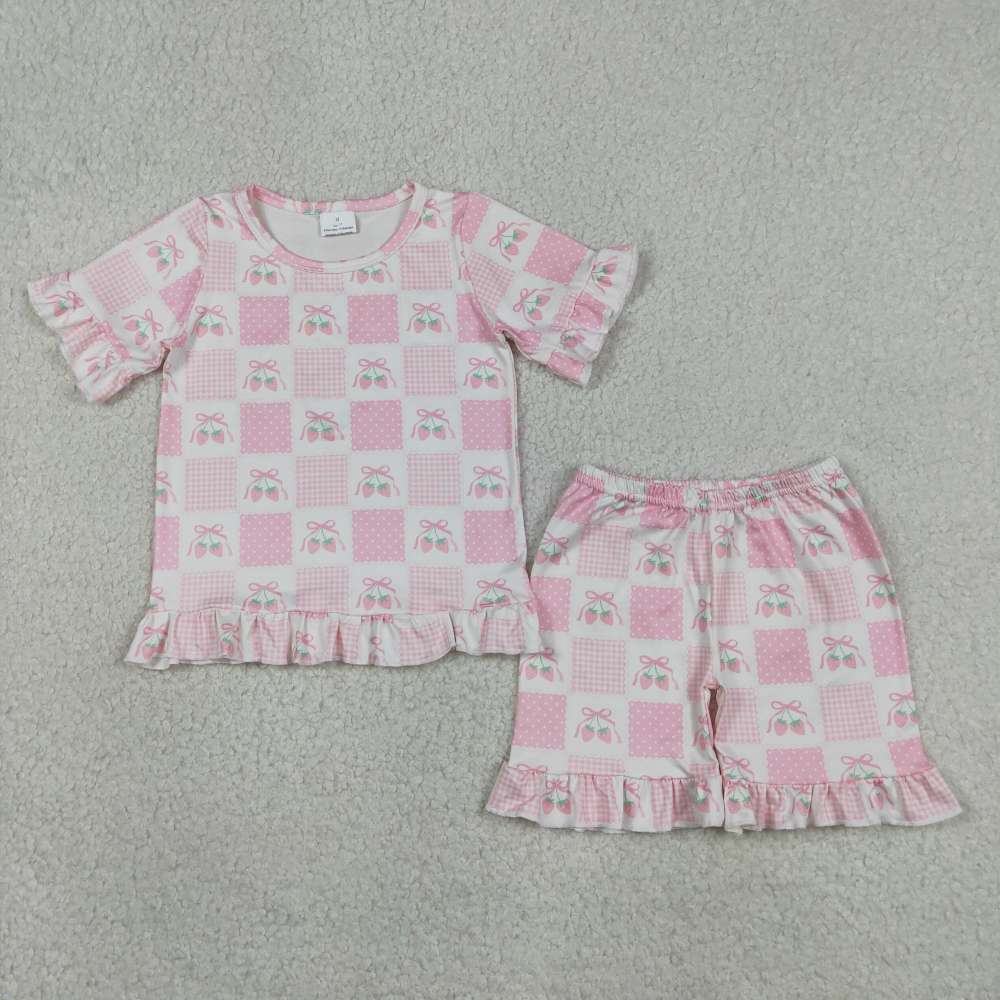 GSSO3342 Pink  plaid strawberry print short sleeve girl outfits
