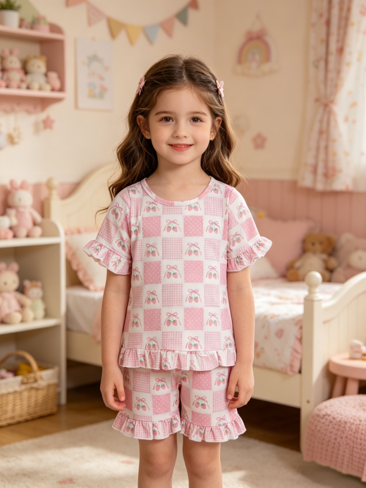 GSSO3342 Pink  plaid strawberry print short sleeve girl outfits