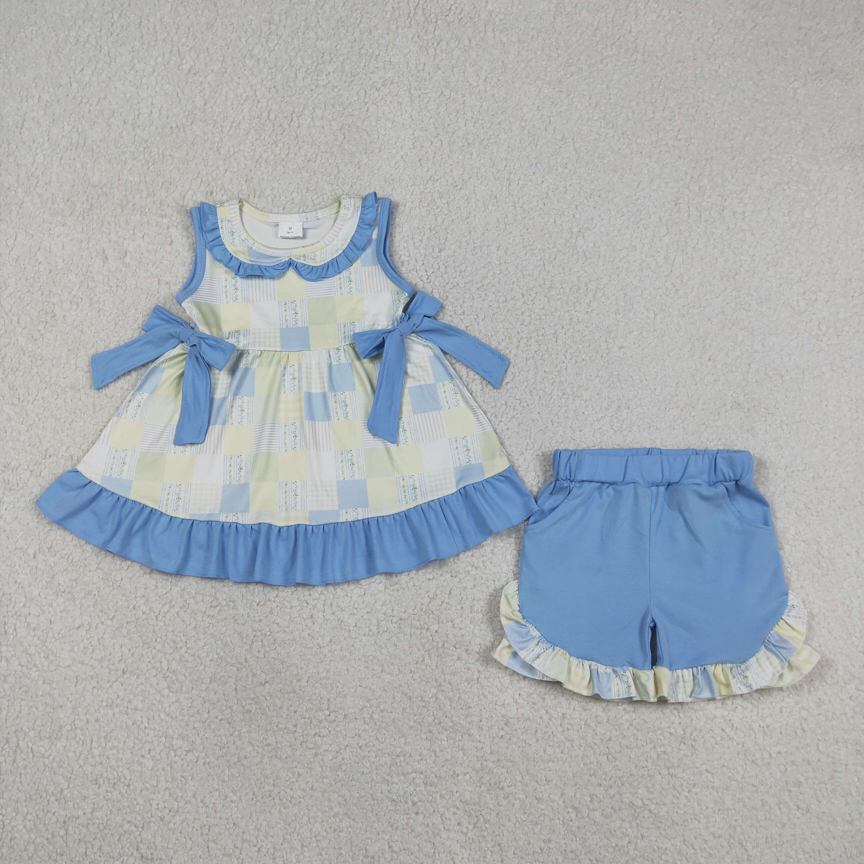 GSSO3439 Blue geen leaves plaid short sleeve girl outfits