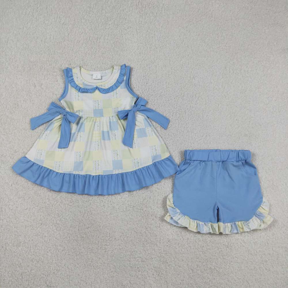 GSSO3439 Blue geen leaves plaid short sleeve girl outfits
