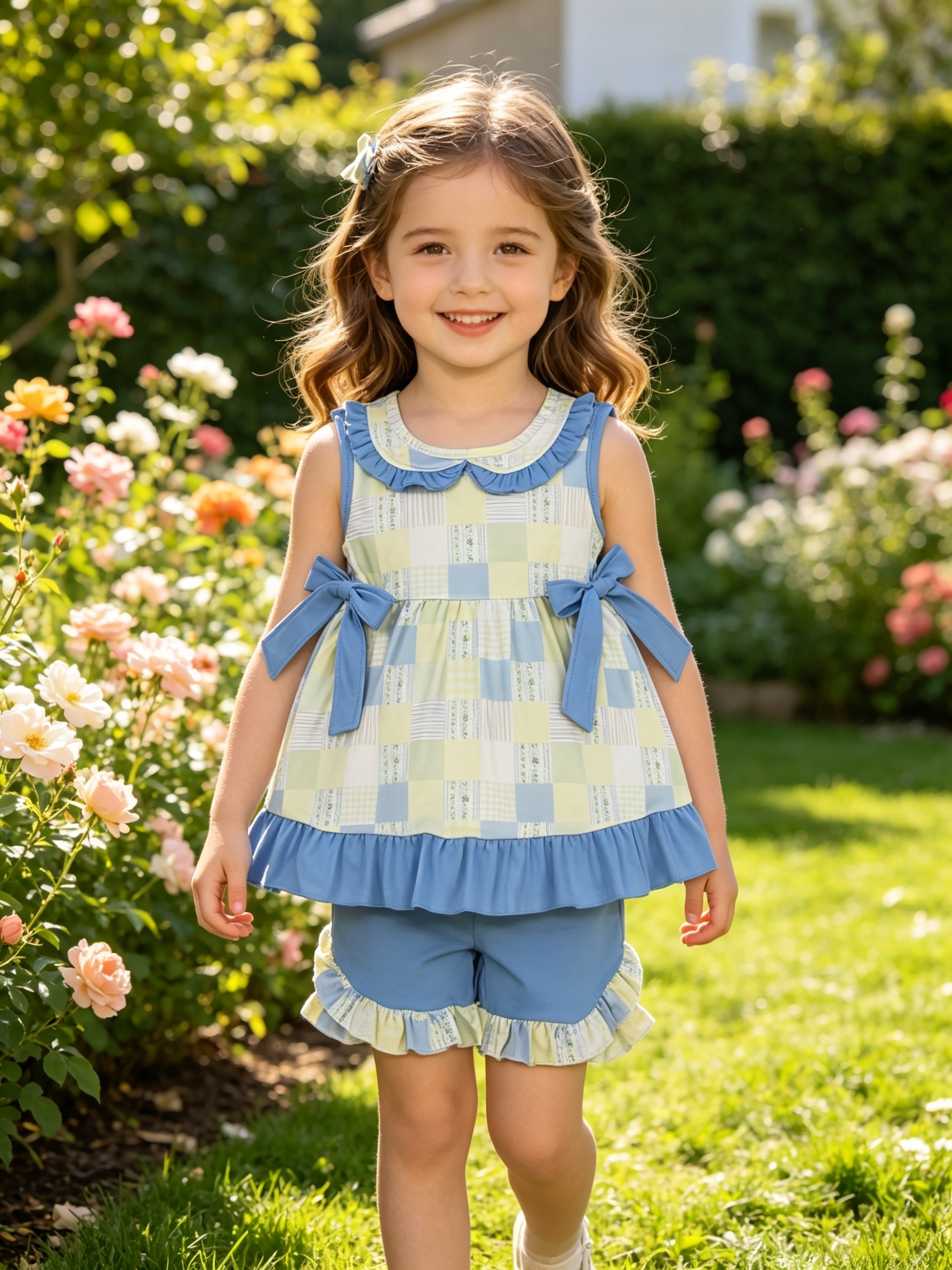 GSSO3439 Blue geen leaves plaid short sleeve girl outfits
