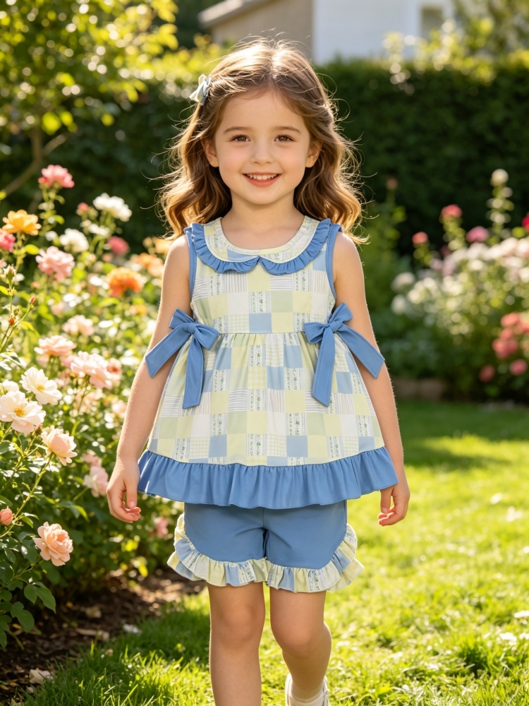 GSSO3439 Blue geen leaves plaid short sleeve girl outfits