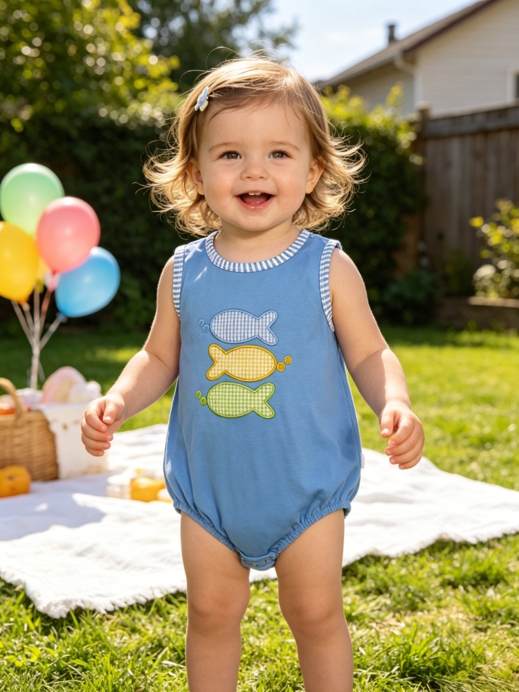 SR4005  Baby BLUE colorful fishes Embroidery sleeveless Rompers