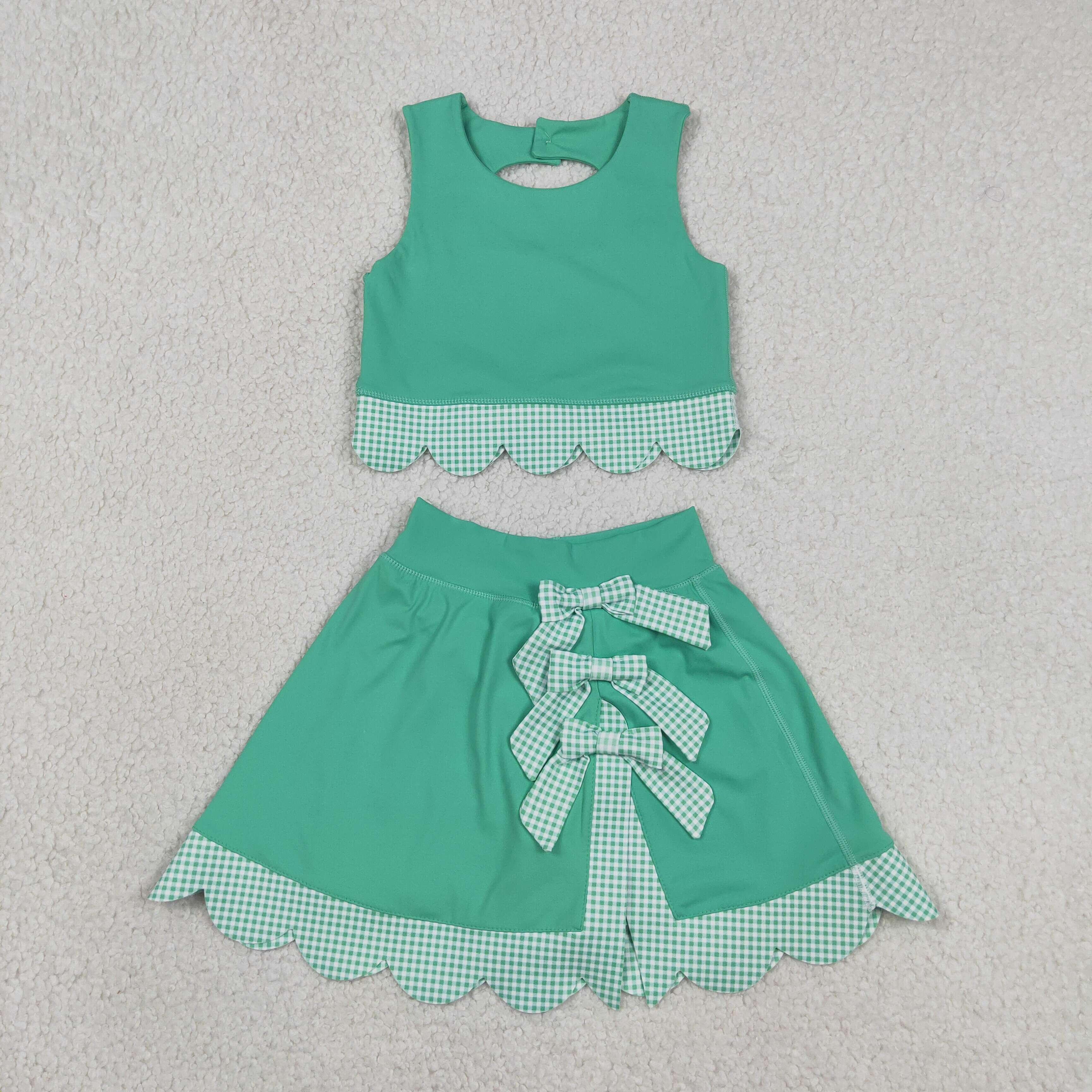 GSD3320  RTS Green plaid print active girl yoga scallop skirt dress