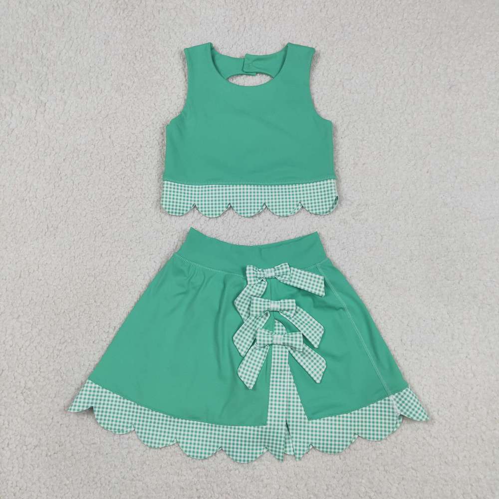 GSD3320  RTS Green plaid print active girl yoga scallop skirt dress