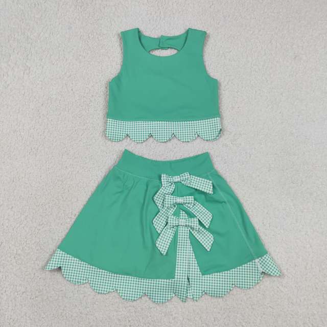 GSD3320  RTS Green plaid print active girl yoga scallop skirt dress