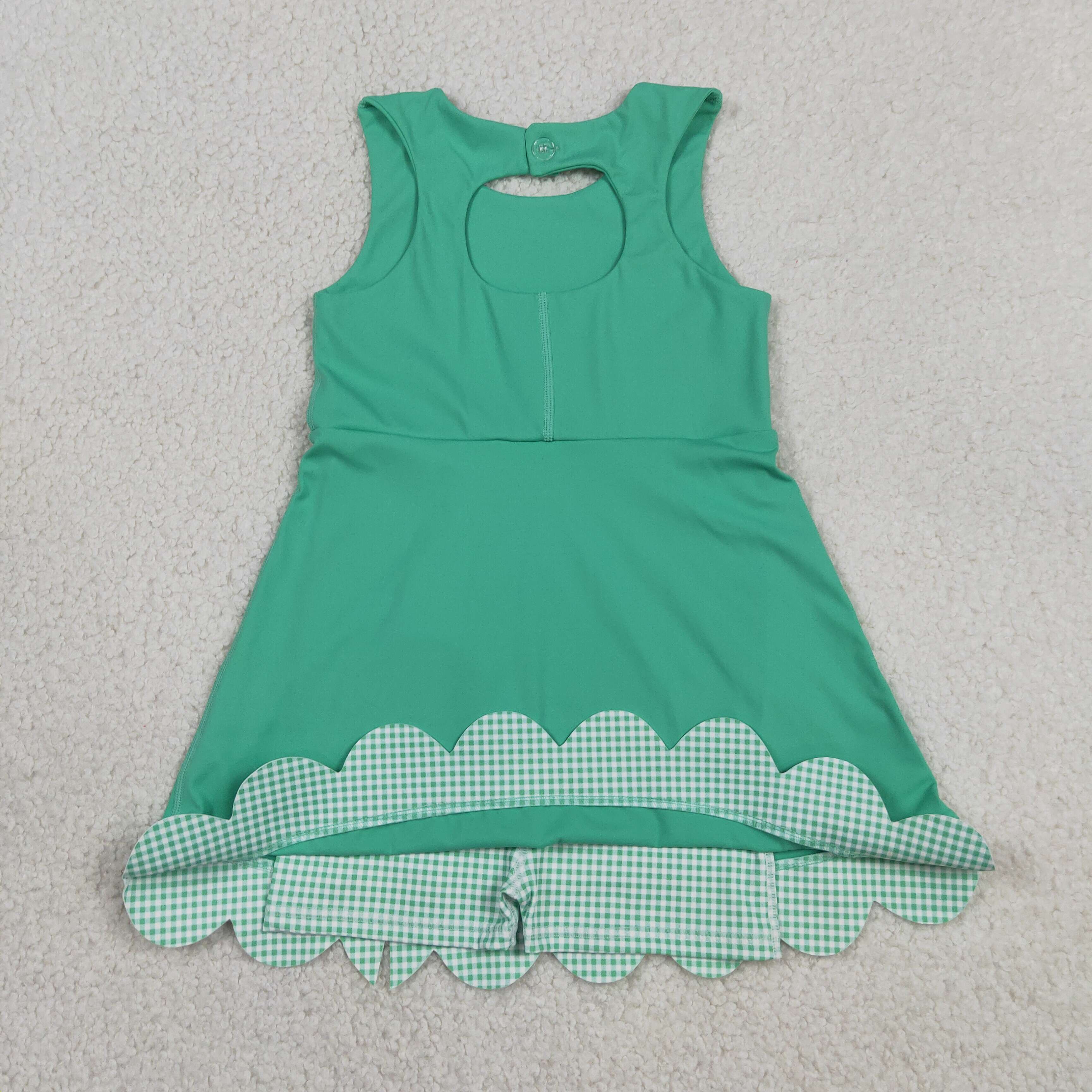 GSD3029 RTS cyan plaid bows  print active girl yoga scallop dress