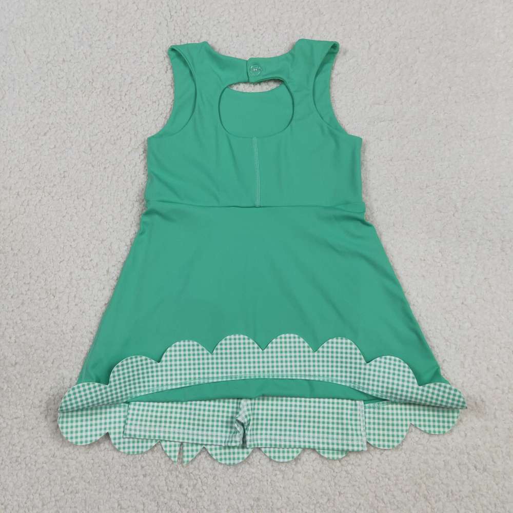 GSD3029 RTS cyan plaid bows  print active girl yoga scallop dress