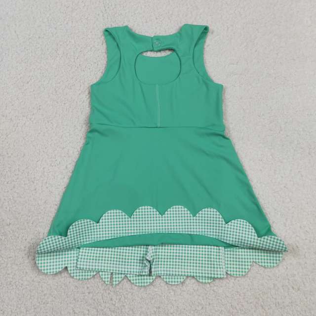 GSD3029 RTS cyan plaid bows  print active girl yoga scallop dress