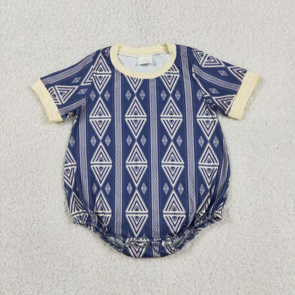 SR3713  Baby BLUE Geometric Shapes print short sleeve Rompers