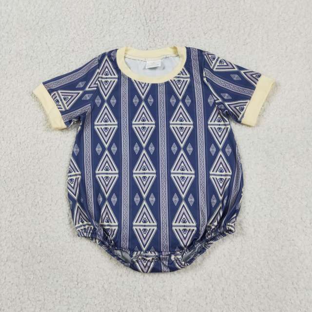 SR3713  Baby BLUE Geometric Shapes print short sleeve Rompers