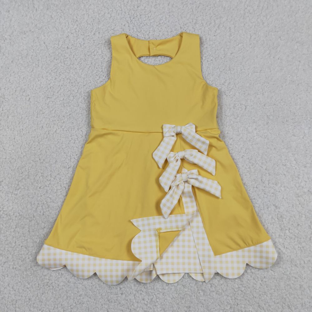 GSD3318  RTS Yellow plaid bows  print active girl yoga scallop dress