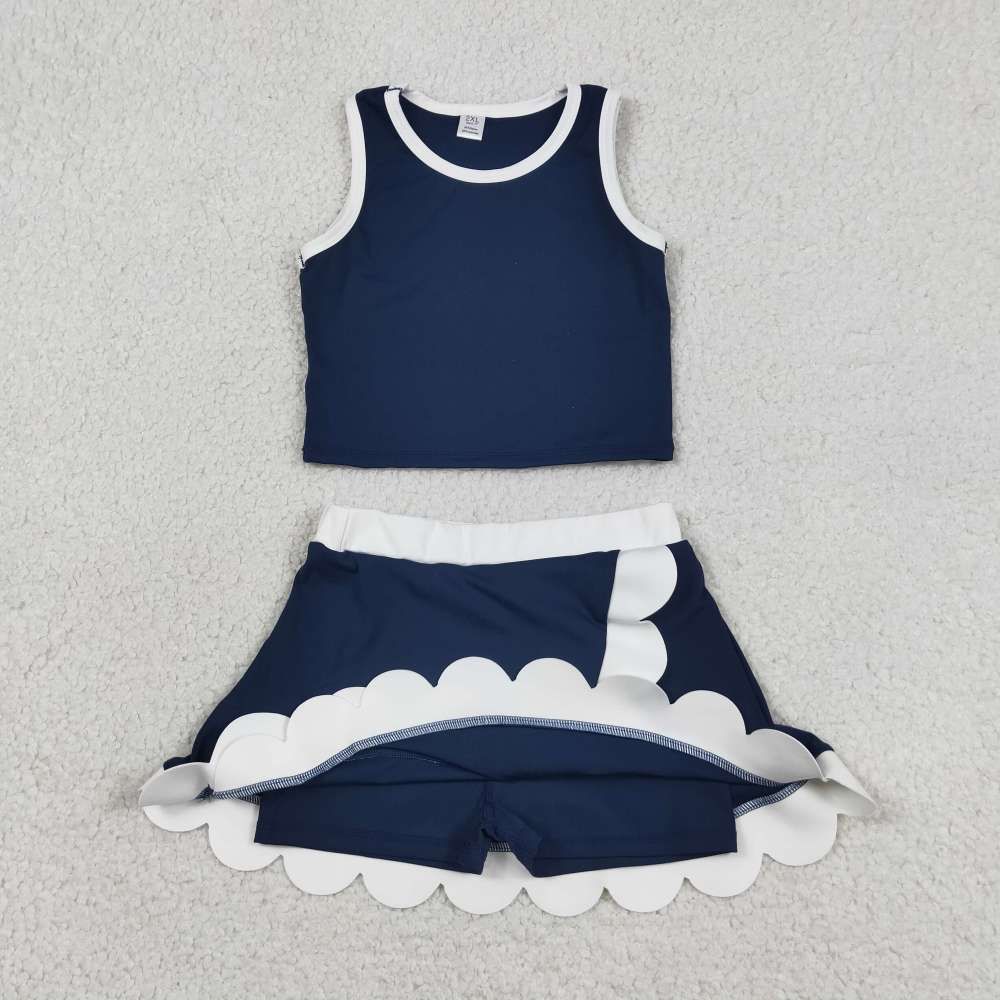 GSD4024 RTS NAVY White print active girl yoga scallop skirt dress