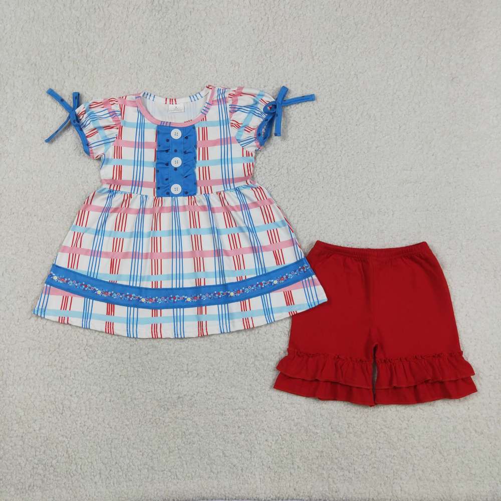 GSSO2815 Red blue stripe plaid print short sleeve girl outfits