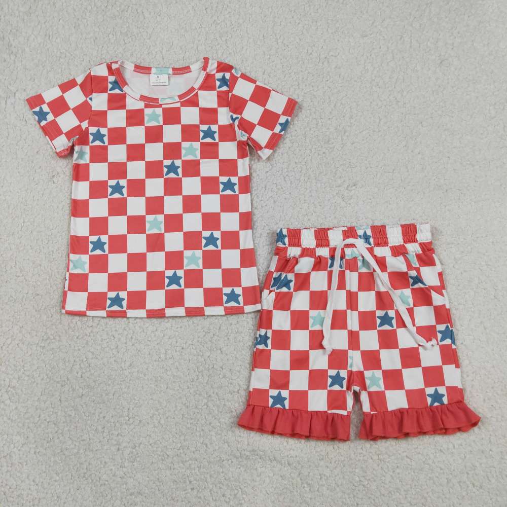 GSSO3293  Red White plaid Blue stars print short sleeve girl outfits