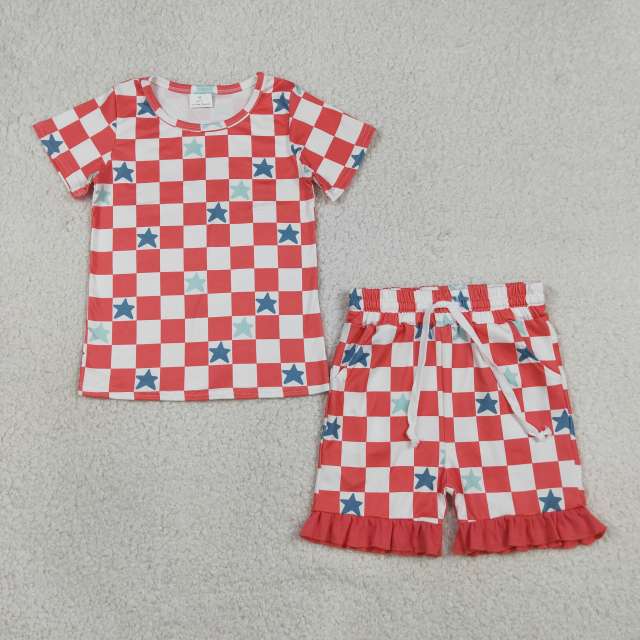 GSSO3293  Red White plaid Blue stars print short sleeve girl outfits