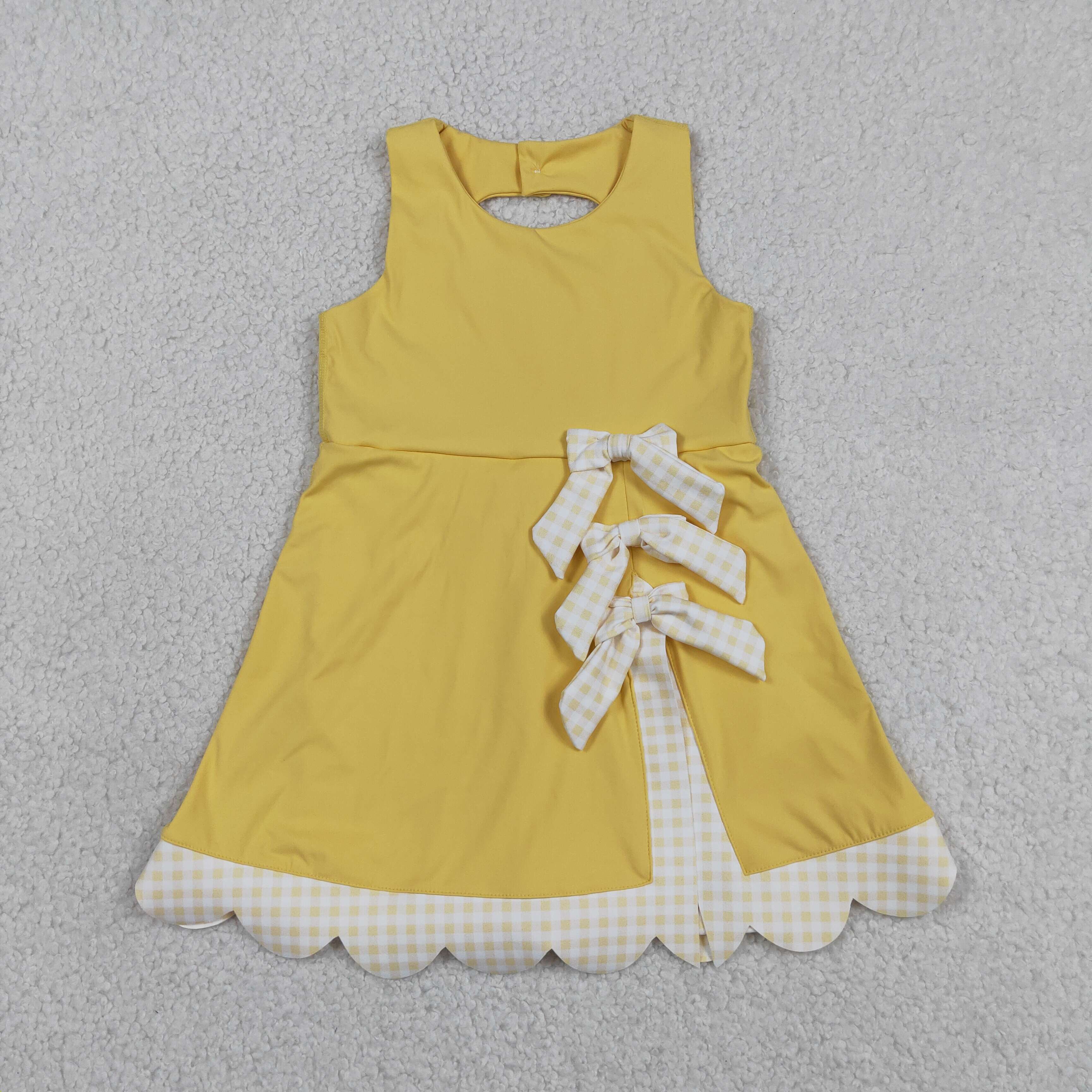 GSD3318  RTS Yellow plaid bows  print active girl yoga scallop dress