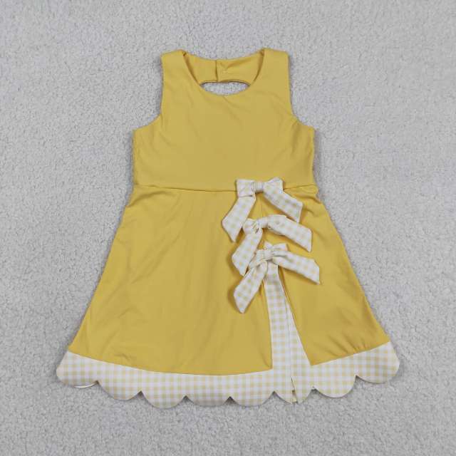 GSD3318  RTS Yellow plaid bows  print active girl yoga scallop dress
