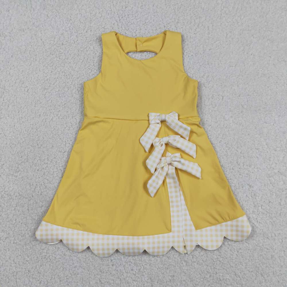 GSD3318  RTS Yellow plaid bows  print active girl yoga scallop dress