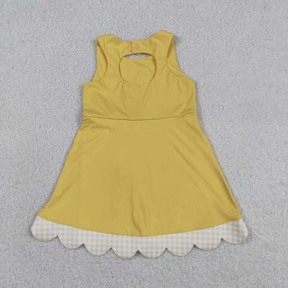 GSD3318  RTS Yellow plaid bows  print active girl yoga scallop dress