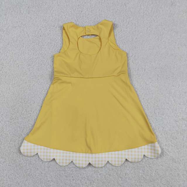 GSD3318  RTS Yellow plaid bows  print active girl yoga scallop dress