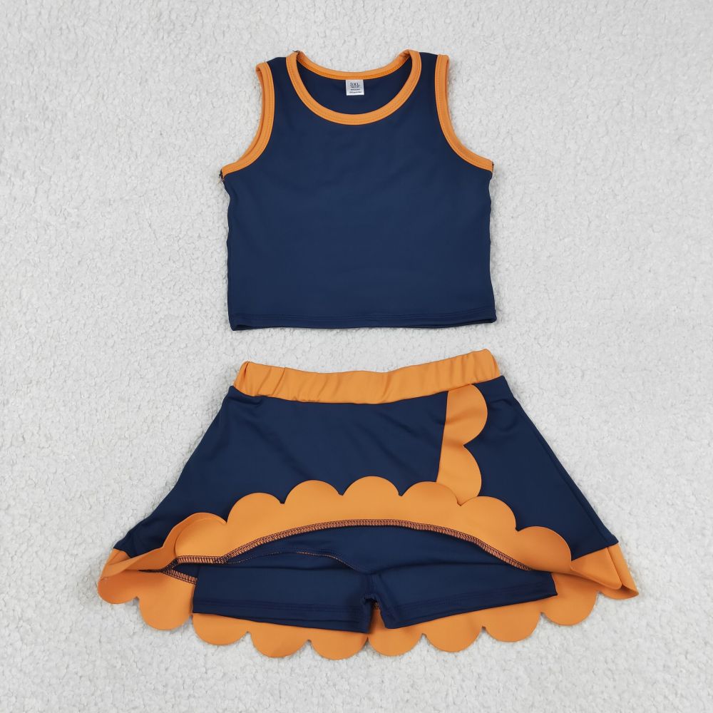 GSD4017 RTS NAVY Orange print active girl yoga scallop skirt dress