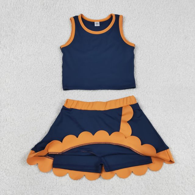 GSD4017 RTS NAVY Orange print active girl yoga scallop skirt dress