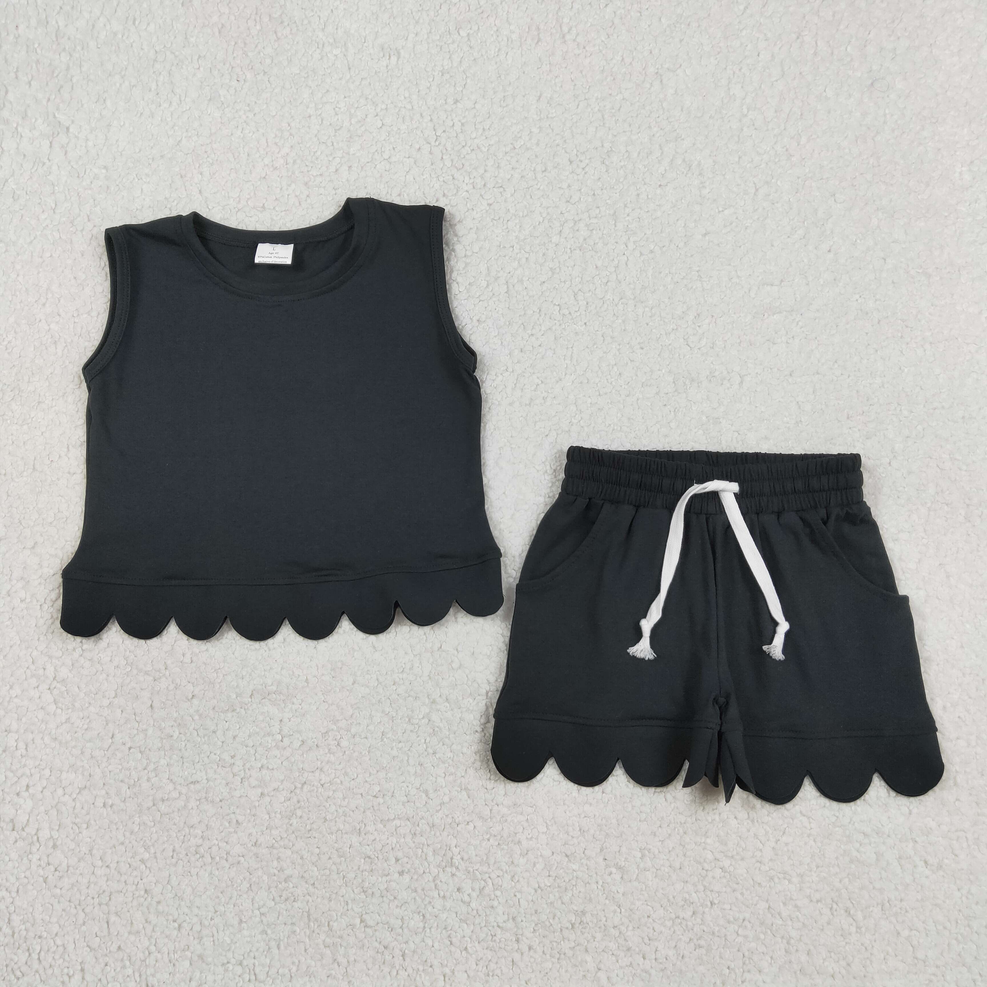 GSSO3733  Black solid  sleeveless girl scallop outfits