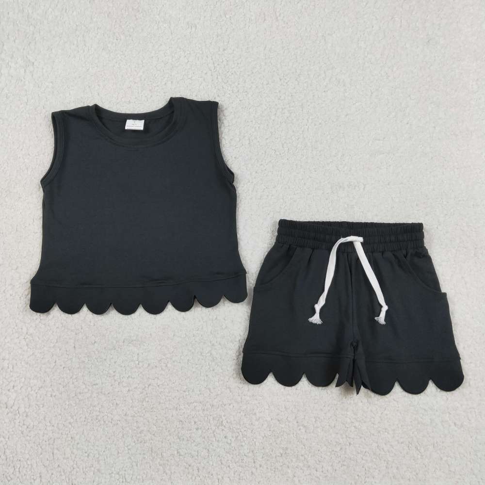 GSSO3733  Black solid  sleeveless girl scallop outfits