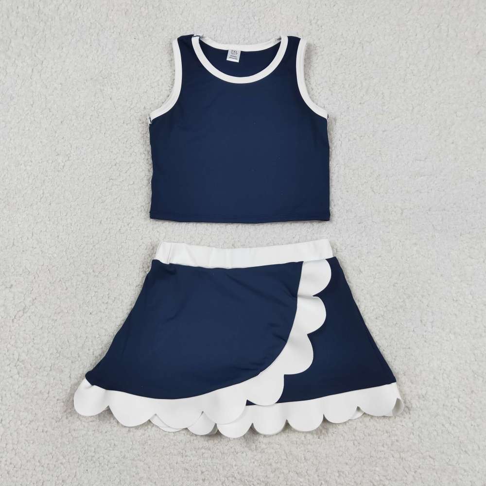 GSD4024 RTS NAVY White print active girl yoga scallop skirt dress