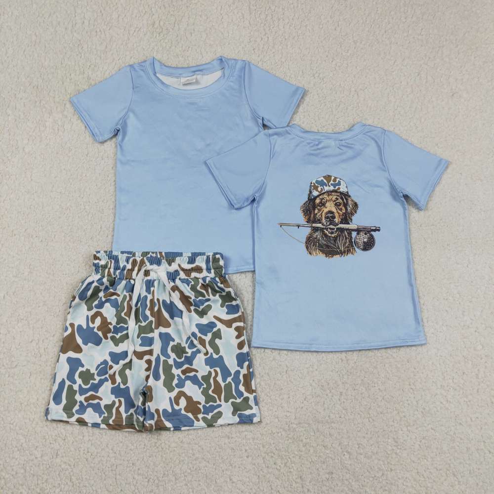 BSSO1999  RTS Blue camo puppy print short sleeve boy outfits