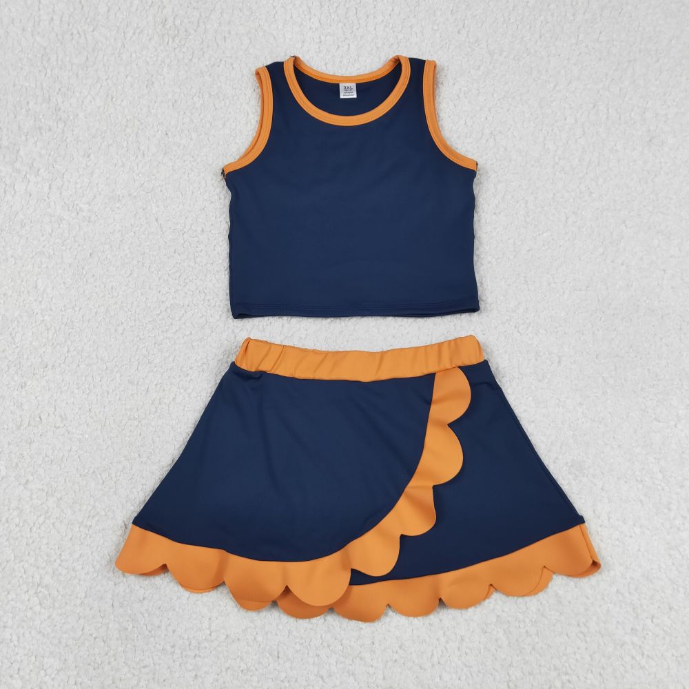 GSD4017 RTS NAVY Orange print active girl yoga scallop skirt dress