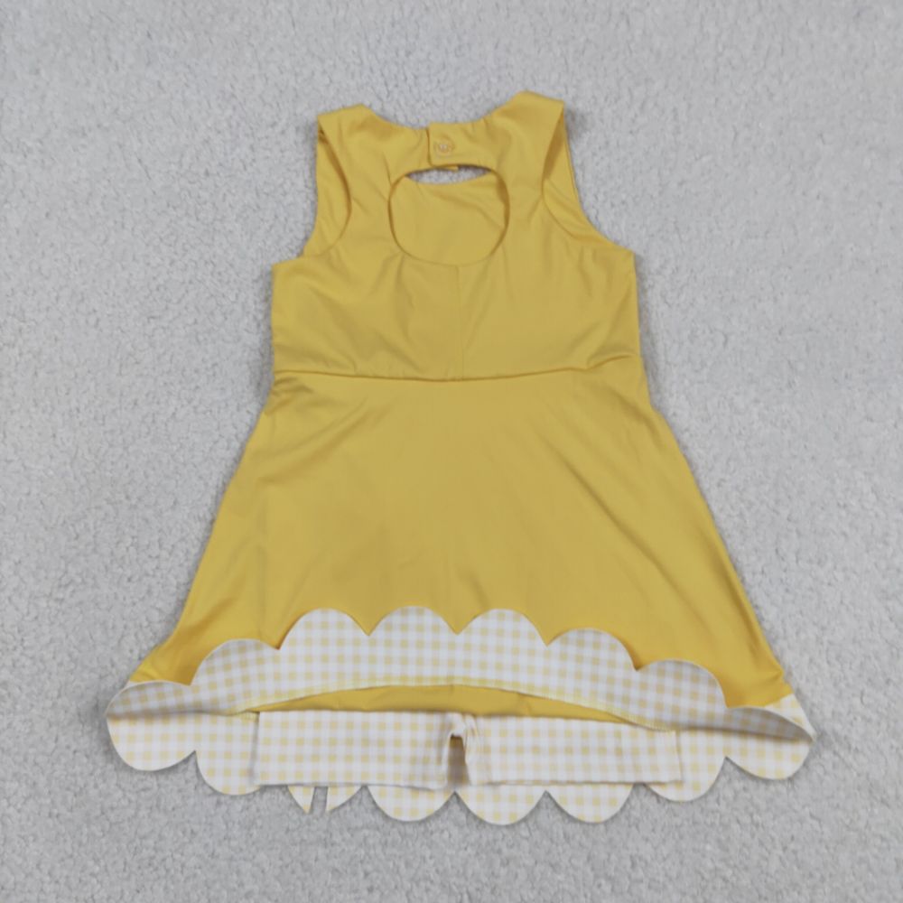 GSD3318  RTS Yellow plaid bows  print active girl yoga scallop dress