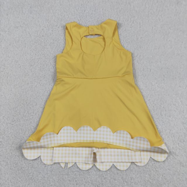 GSD3318  RTS Yellow plaid bows  print active girl yoga scallop dress