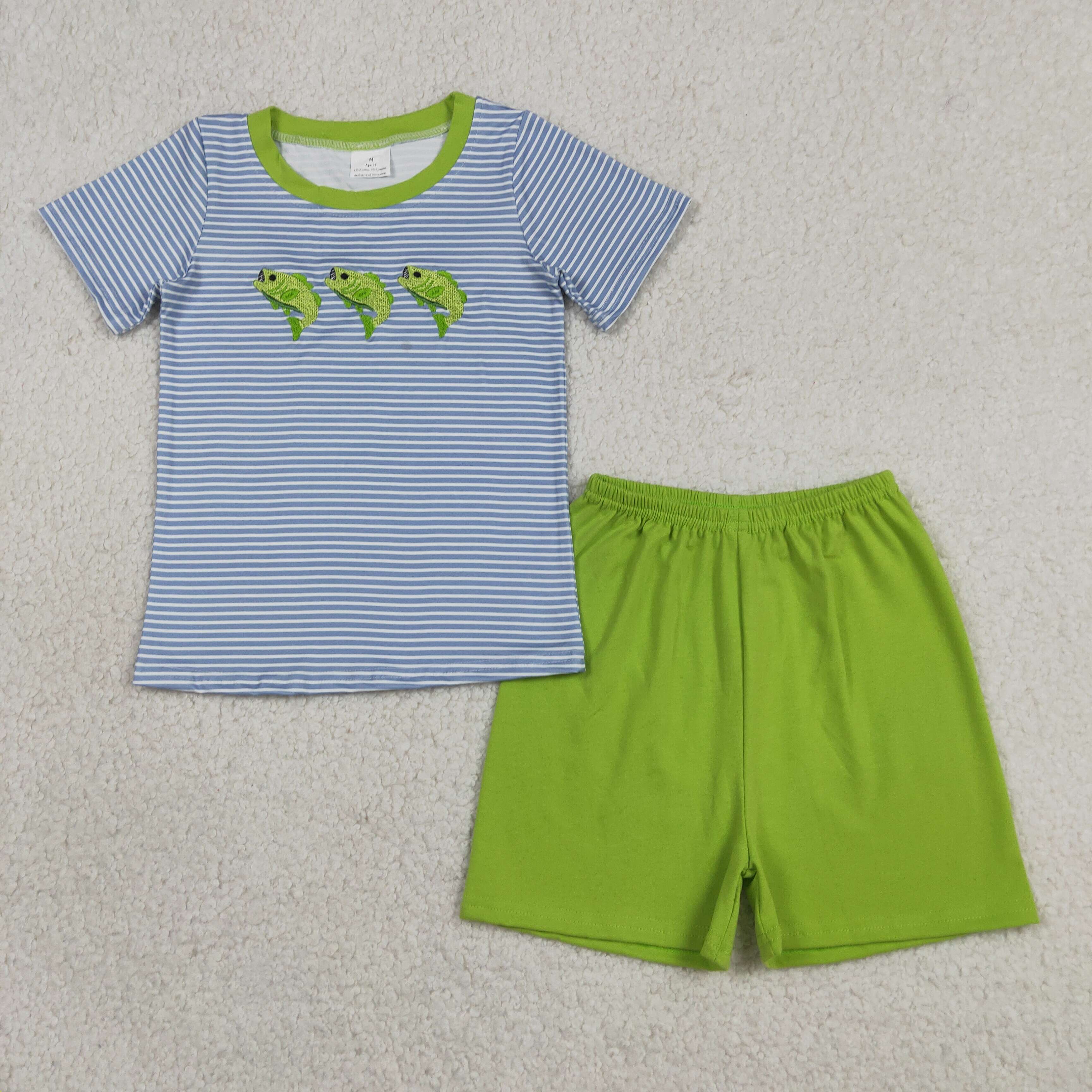 BSSO2001  RTS Blue Stripe green fishes embroidery print short sleeve boy outfits