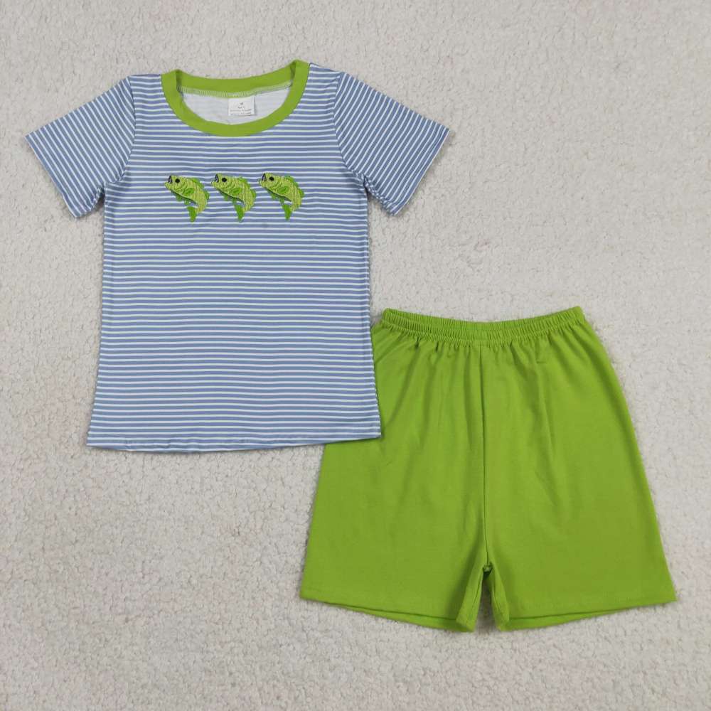 BSSO2001  RTS Blue Stripe green fishes embroidery print short sleeve boy outfits