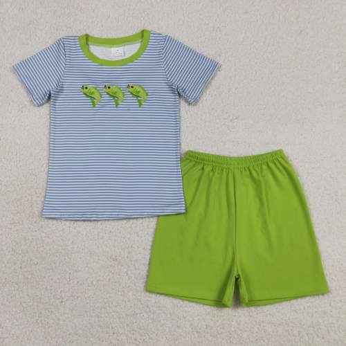 BSSO2001  RTS Blue Stripe green fishes embroidery print short sleeve boy outfits