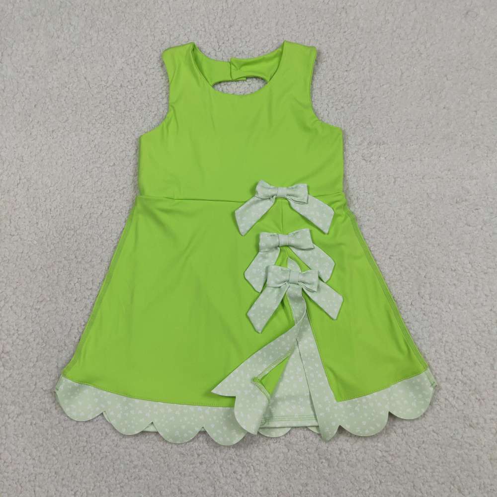GSD3316   RTS green plaid bows  print active girl yoga scallop dress