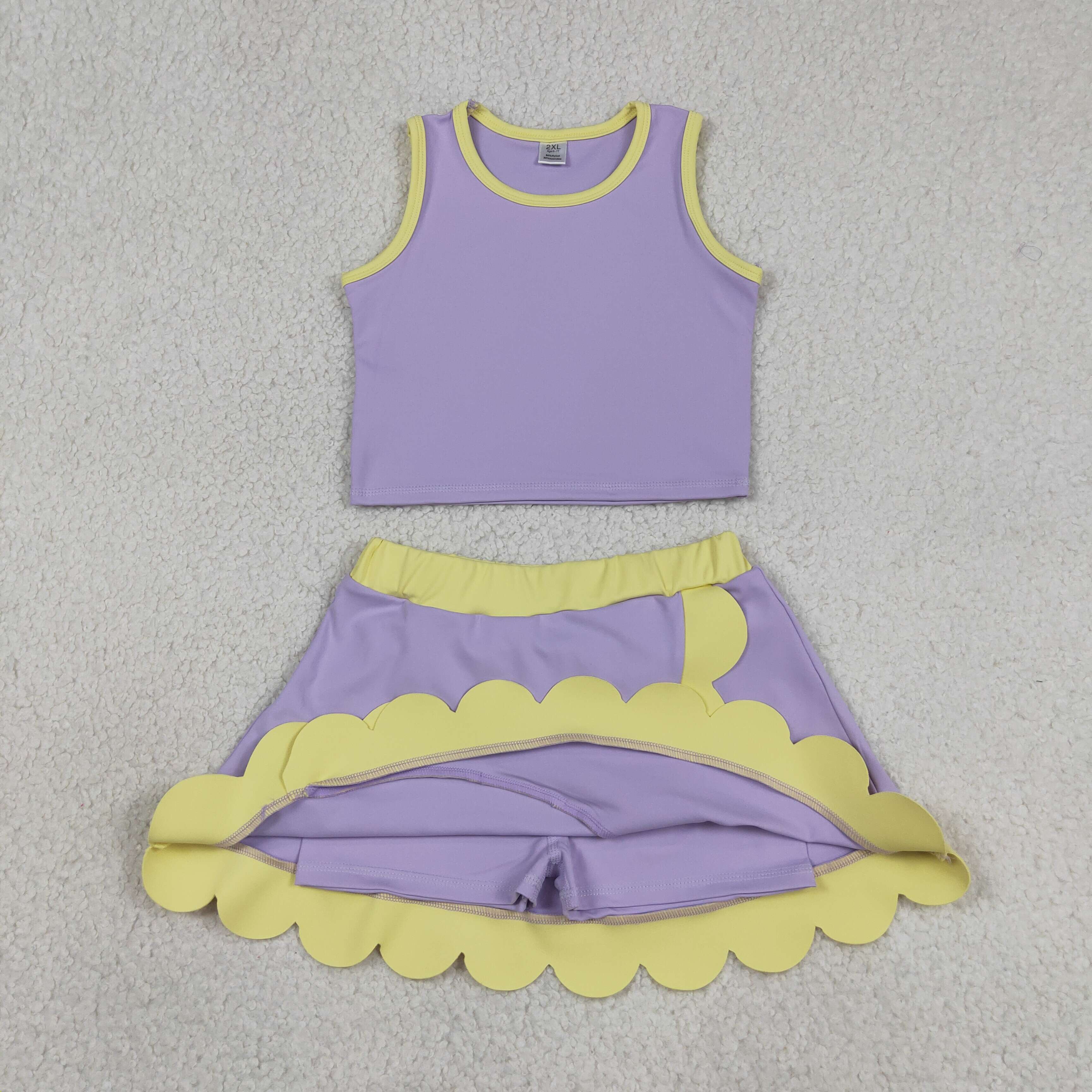 GSD4024 RTS purple yellow trim print active girl yoga scallop skirt dress