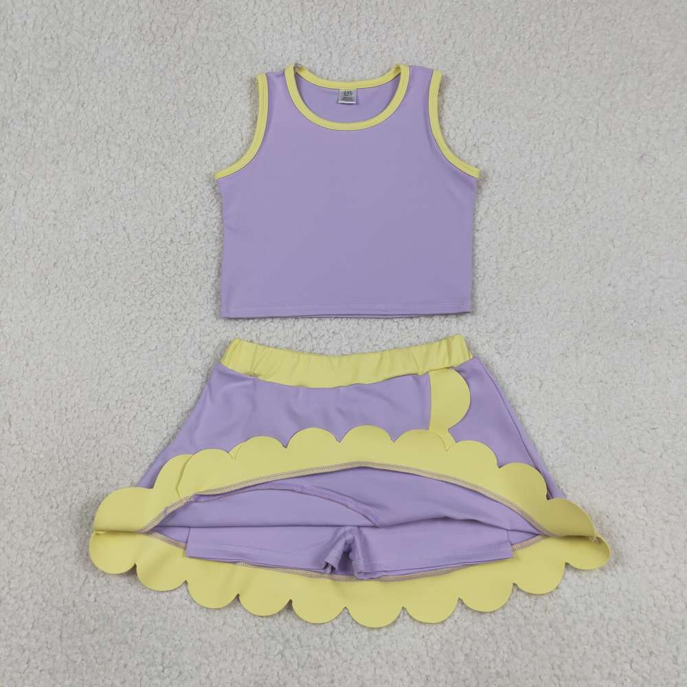 GSD4024 RTS purple yellow trim print active girl yoga scallop skirt dress